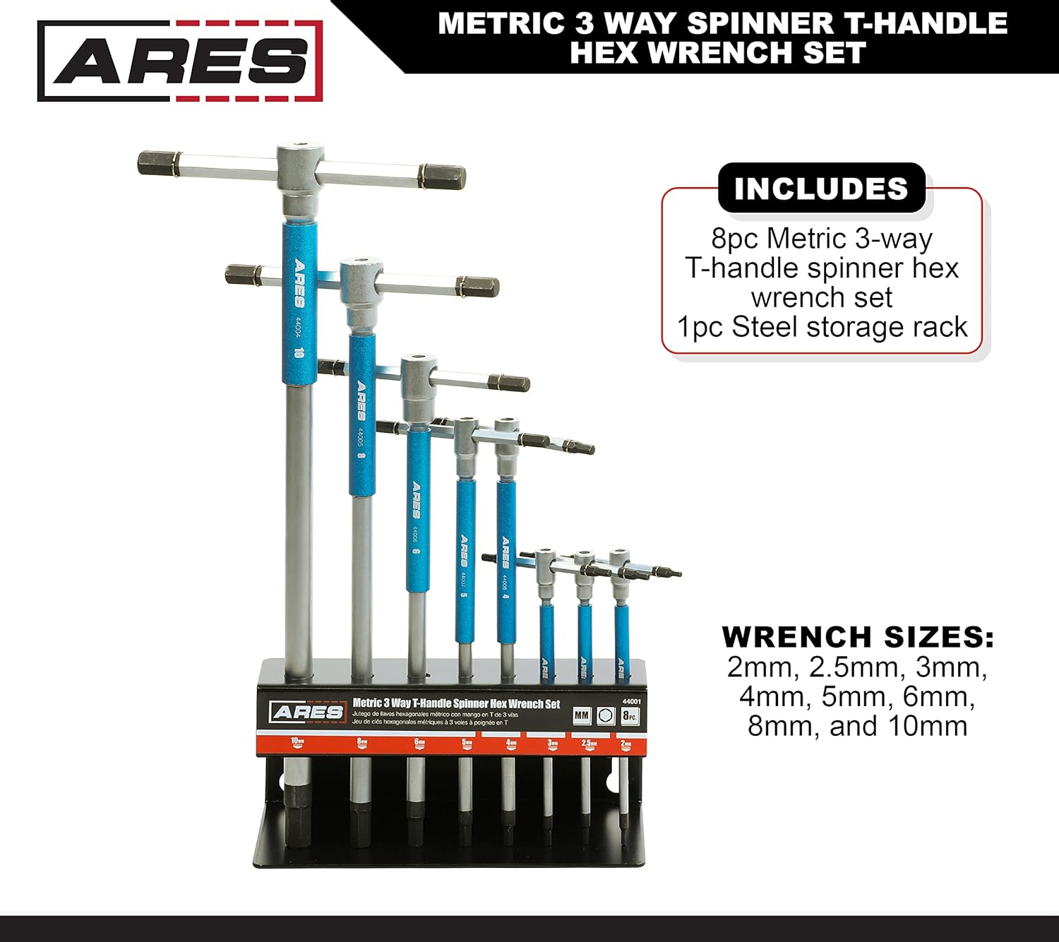 ARES 44001 – 8-Piece Metric 3-Way T-Handle Spinner Hex Allen Key Wrench Set – Sizes from 2mm to 10mm – Sliding Handle, Spinning Sleeve for Versatile Speed and Leverage Application1